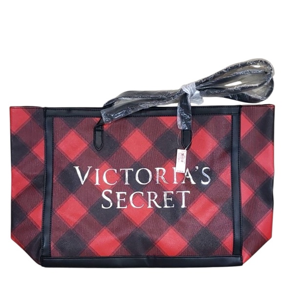 New Victoria Secret Plaid Black & Red Tote Bag With Shoulder Strap W /tags - Picture 3 of 8